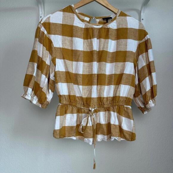 Who What Wear Tops - S Womens Who What Wear Blouse Gingham Honey Mustard Puffed Sleeve Orange White